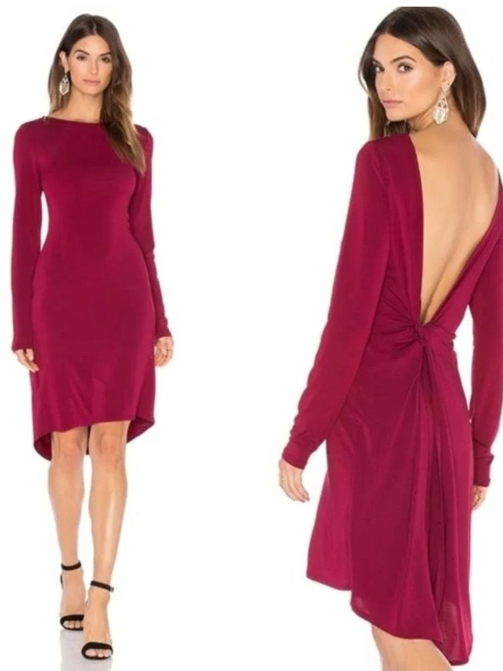 BCBGMaxAzria CranBerry "Celia" Long Sleeve Backless Knot-Detail Dress